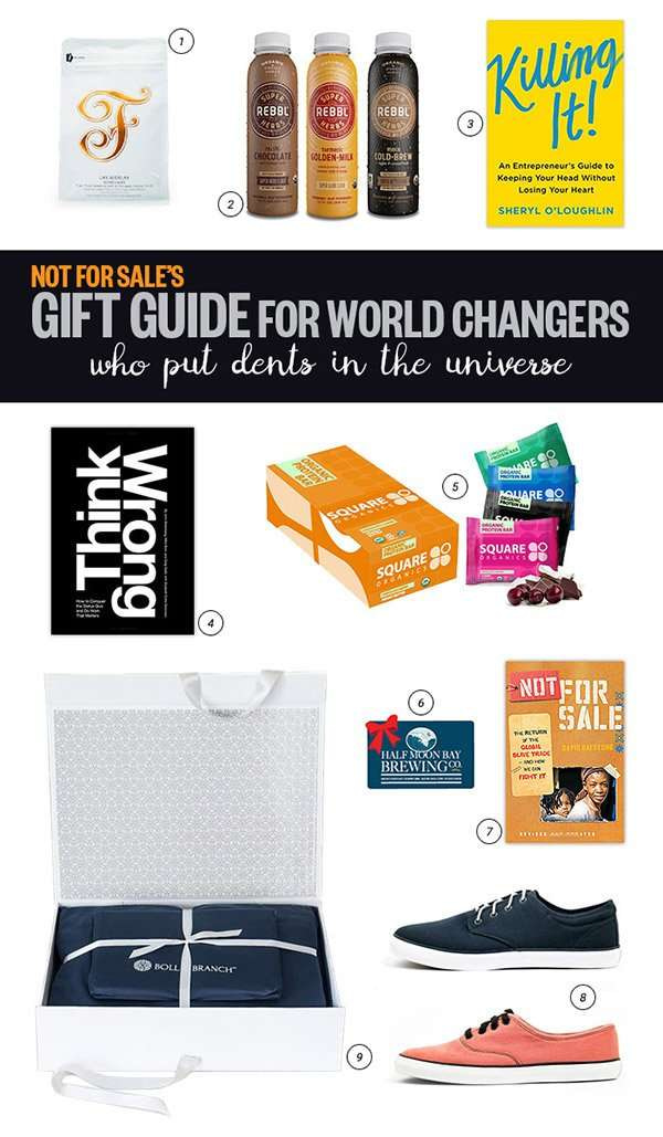 Not For Sale's Gift Guide for World Changers: Boll & Branch, REBBL, Square Organics, Z Shoes, Half Moon Bay Brewing Co, St. Frank & St. Clare Coffee.